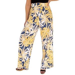 Patchington yellow blue tropical leaf print wide leg stretch pants size large